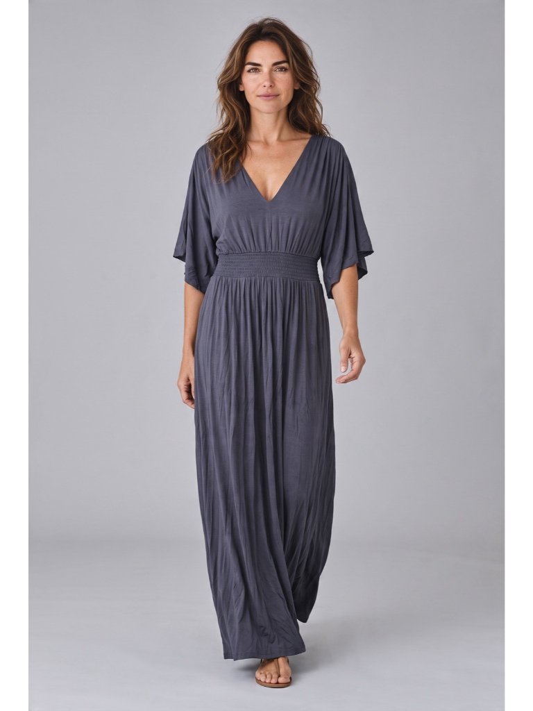 Swak Maxi Dress Kimono Sleeve Stretch Grey Usa Made Solid 4xl V Neck — image 6 of 6